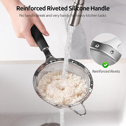 U-Taste Medium Fine Mesh Strainer: 18/8 Stainless Steel 4.73in 30 Mesh Kitchen Food Sieve with Sturdy Riveted Silicone Handle, Heavy Duty Deep Handheld Metal Colander for Rice, Quinoa, Flour (Black)