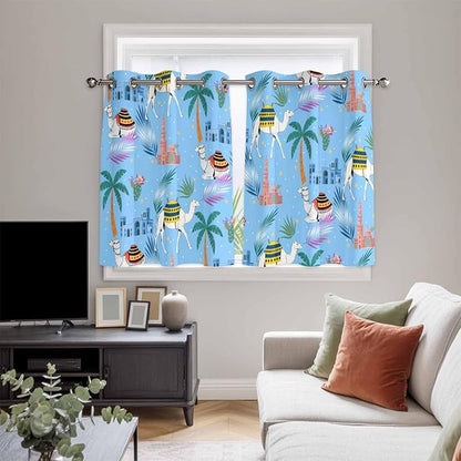 2 Panel Kitchen Cafe Curtains, Desert Landscape Sunlight Filtering Nature Air Through, Home Decor Window Covering Tier Curtains for Bedroom Living Room Cute Camels Palm Trees Houses Leaves Blue