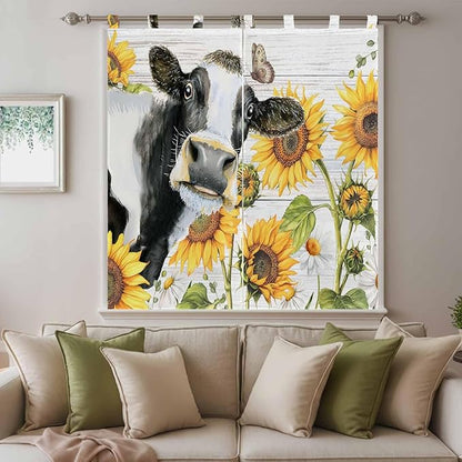 Retro Farmhouse Floral Living Room Curtains 84 Inch Length, Window Curtains Tab Top, Yellow Sunflowers Cows Butterfly Wood Light Filtering Window Treatments Drapes 42"x84" 2 Panel