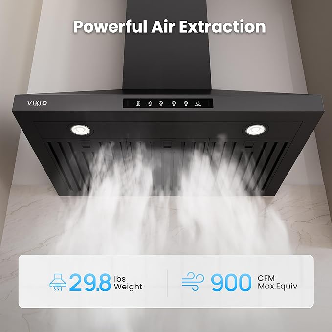 Wall Mount 36 Inch Range Hood 900 CFM, Ductless/Ducted Convertible, 3-speed Gesture Sensing & Touch Control, Black Painted Stainless Steel Vent Kitchen Hood with Permanent Baffle Filters