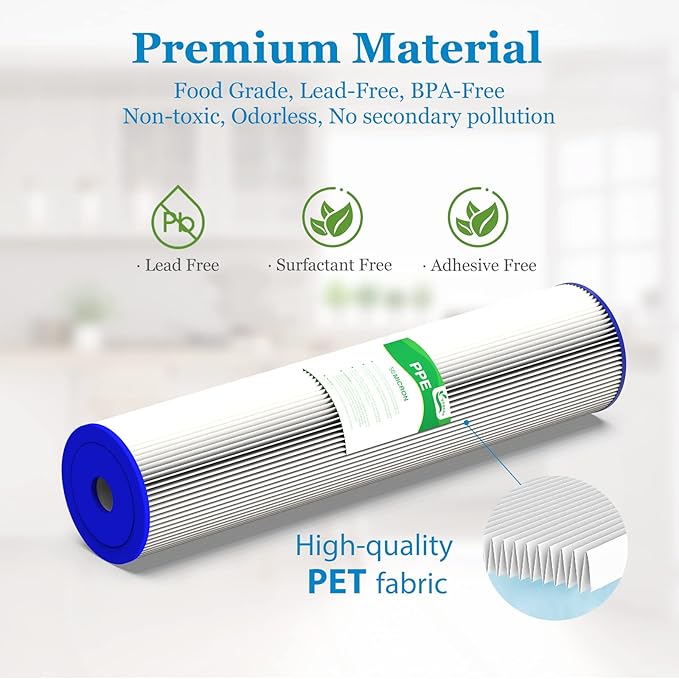 50 Micron 20-Inch Heavy Duty Whole House Water Filter Replacement Cartridge, Pleated Sediment Water Filters 4.5" x 20" for Well Water, Compatible with ECP5-20BB, R30-20BB, SPC-45-2050, 6 Pack