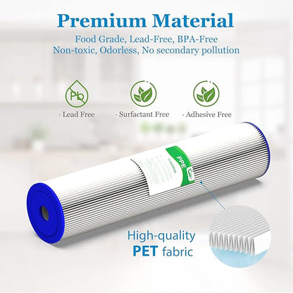 50 Micron 20-Inch Heavy Duty Whole House Water Filter Replacement Cartridge, Pleated Sediment Water Filters 4.5" x 20" for Well Water, Compatible with ECP5-20BB, R30-20BB, SPC-45-2050, 6 Pack
