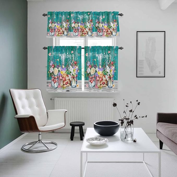 Spring Flowers Kitchen Curtains Set 3 Piece for Windows, Rod Pocket Valance and Tier Set 36 Inch Length, Farmhouse Watercolor Teal Wood Grain Light Filtering Cafe Curtains for Living Room Bathroom