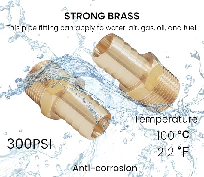 2pcs Brass Hose Barb Fitting, 3/4" Barb x 3/4" NPT Male, Adapter – Correct Thread for 1" OD, Brass Barbed Air Hose Repair Connector