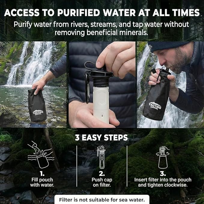 2-Pack Tactiko Survival 20oz/600ml Filtered Water Bottle Kit - Purify 265 Gal. Water from Rivers, Lakes & Streams - SGS Certified - UF Membrane, Activated Carbon - Camping, Emergency (Green/Black)
