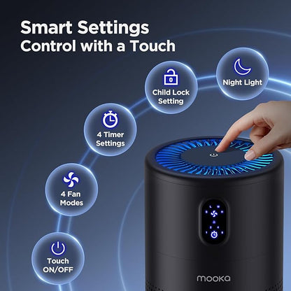 MOOKA Air Purifiers for Home Large Room up to 1076 ft², H13 True HEPA Air Filter Cleaner, Odor Eliminator, Remove Smoke Dust Pollen Pet Dander, Night Light, B-D02L Black