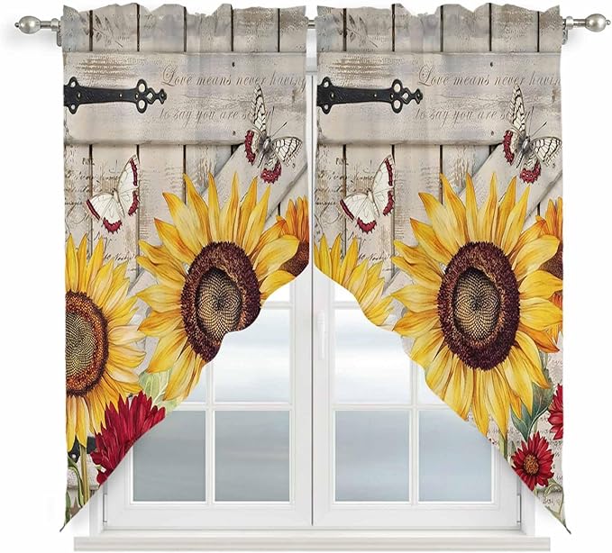 Red Yellow Sunflowers Swag Valances for Windows, Retro Rustic Barn Doors Butterfly Brown Rod Pocket Kitchen Curtains Valance, Small Window Curtains Swag for Cafe Living Room, 2 Panels, 28x36 inch