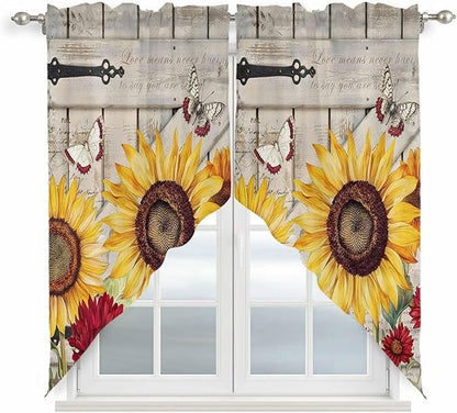 Red Yellow Sunflowers Swag Valances for Windows, Retro Rustic Barn Doors Butterfly Brown Rod Pocket Kitchen Curtains Valance, Kitchen Window Curtains Swag for Cafe Living Room, 2 Panels, 36x45 inch
