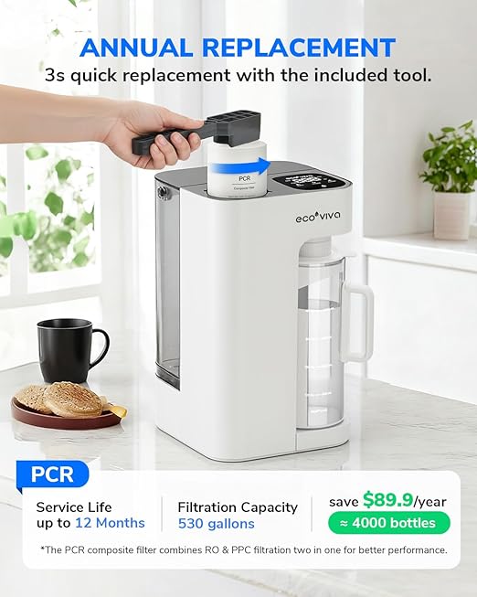 Ecoviva Mate 3 Countertop Reverse Osmosis Water Filter, 8-Stage RO Water Filtration System with 44oz Water Pitcher Smart Auto-Filling, 3:1 Pure to Drain, NSF Certified Tabletop Purifier, White
