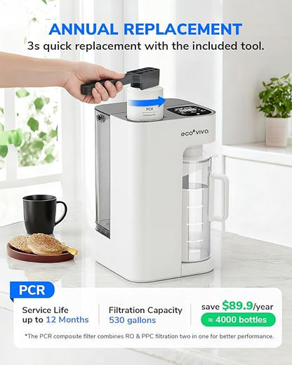Ecoviva Mate 3 Countertop Reverse Osmosis Water Filter, 8-Stage RO Water Filtration System with 44oz Water Pitcher Smart Auto-Filling, 3:1 Pure to Drain, NSF Certified Tabletop Purifier, White