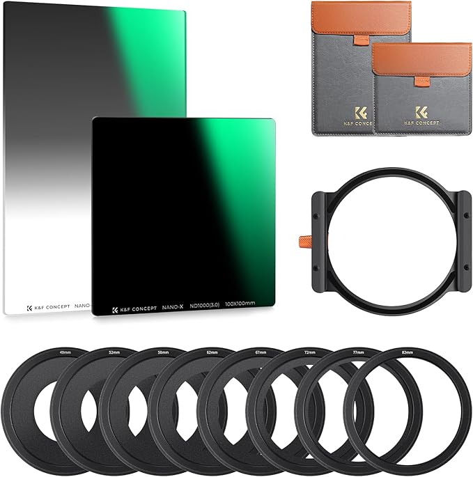 K&F CONCEPT 100mm Square ND1000 (10 Stop) Filter +150mm Soft GND8 Filter (3 Stops) + Metal Holder + 8 x Adapter Rings Square Kit for Camera Lens