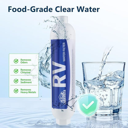 RV Water Filter - Inline Water Filter with Flexible Hose Protector - NSF & ANSI 42 Certified - Camping Essentials for Reducing Odors, Bad Taste, Chlorine and Rust（2 Pack）