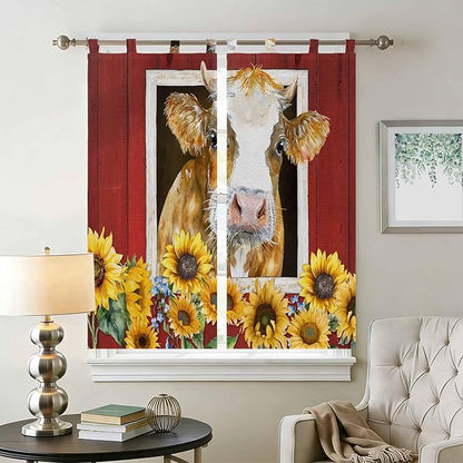 Cows Sunflowers Living Room Curtains 84 Inch Length, Window Curtains Tab Top, Spring Floral Bees Farmhouse Barn Light Filtering Window Treatments Drapes 42"x84" 2 Panel
