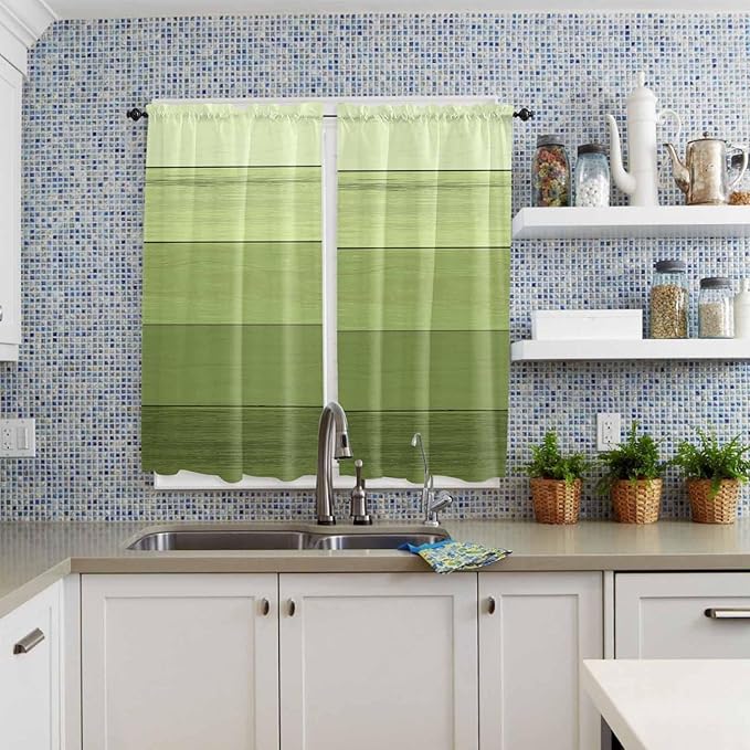 Gradient Green Wooden Board Window Valance Curtains, Retro Country Wood Grain Light Filtering Kitchen Valance with 3-inch Rod Pocket for Living Room Bathroom Bedroom,2 Panel,42x63In