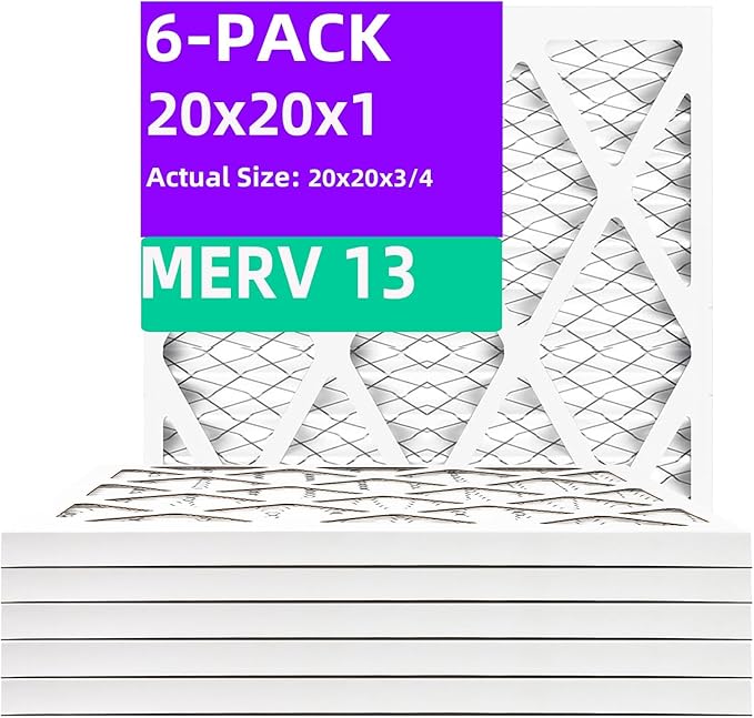 20x20x1 MERV 13 (6-Pack) Pleated Air Filter (Actual Size: 19.75"x19.75"x0.75") MPR 1900 & FPR 10, Furnace Air Filters, 20x20x1 air filter