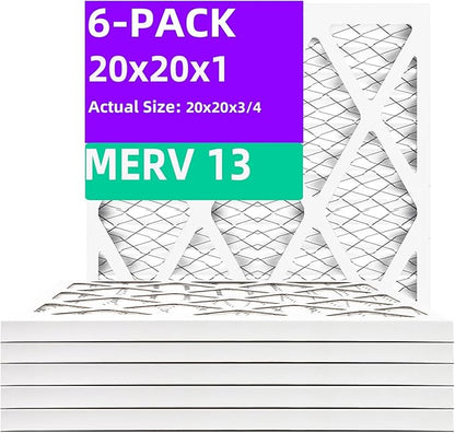 20x20x1 MERV 13 (6-Pack) Pleated Air Filter (Actual Size: 19.75"x19.75"x0.75") MPR 1900 & FPR 10, Furnace Air Filters, 20x20x1 air filter