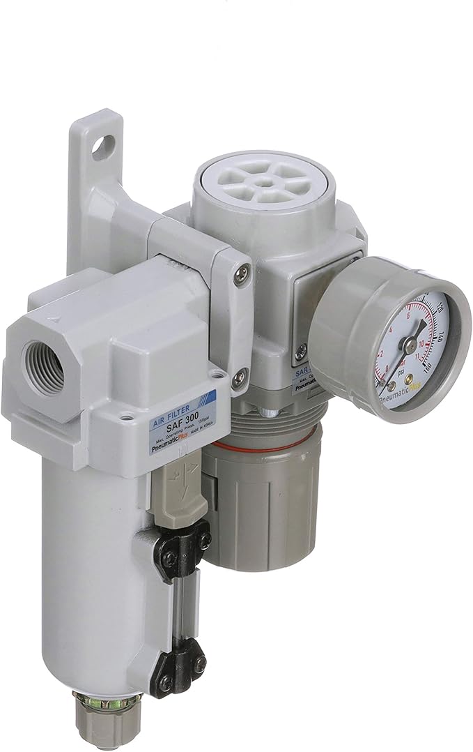 PneumaticPlus SAU320-N03G-MEP Compressed Air Filter Regulator Combo 3/8" NPT - Metal Bowl, Manual Drain, Bracket, Gauge