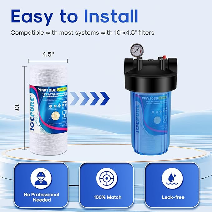 ICEPURE 25 Micron 10”x4.5'' Whole House Sediment String Wound Water Filter Replacement filter for 84637, WPX5BB97P, PC10, 355214-45, 355215-45, WP10BB97P, WP5BB97P, 2PACK