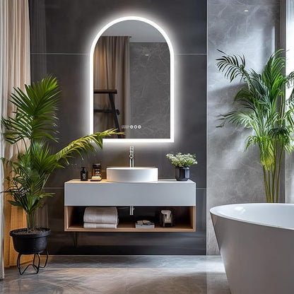 LUVODI Lighted LED Bathroom Mirror: 36x24IN Arched Dimmable Wall Lighted Vanity Mirror with Time Temperature Dispaly - Modern Vanity Mirrors with Backlit Anti-Fog Smart Switch for Hotel Bedroom