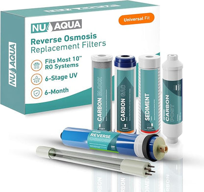 NU Aqua Reverse Osmosis Water Filter System Replacement Set - 6 Stage UV Under Sink Kit - Includes Membrane, Sediment, Carbon Filters & Fittings - Universal Undersink RO Filtration Cartridge