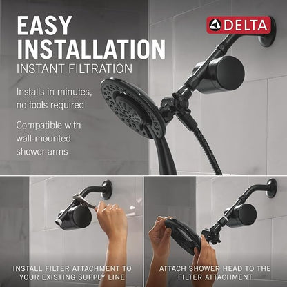 Delta Faucet 4-Setting In2ition 2-in-1 Dual Shower Head with Clarifi Standard Shower Filter Attachment and Filter, Black Shower Head with Filter, Filtered Shower Head, Matte Black 7SF110BBL
