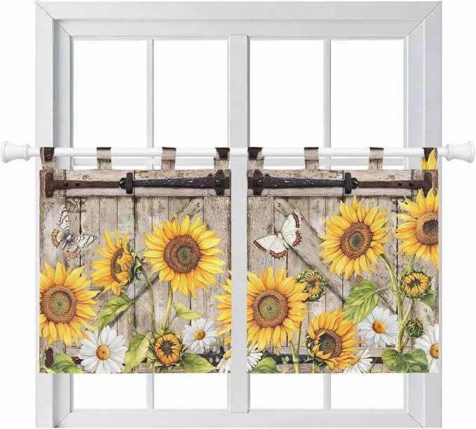 Farmhouse Sunflowers Kitchen Curtains 24 Inch Length, Small Window Curtains Tab Top, Rustic Barn Doors Flowers Butterfly Wooden Light Filtering Short Window Treatments Tier Drapes 27.5"x24" 2 Panel