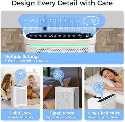 Air Purifiers For Home With Air Quality Display Cover Area Up to 2152 Sq.Ft Equipped with True H13 HEPA Washable Filter Air Cleaner with Fragrance Sponge for Bedroom Dorm Room, DH-JHD08(White)