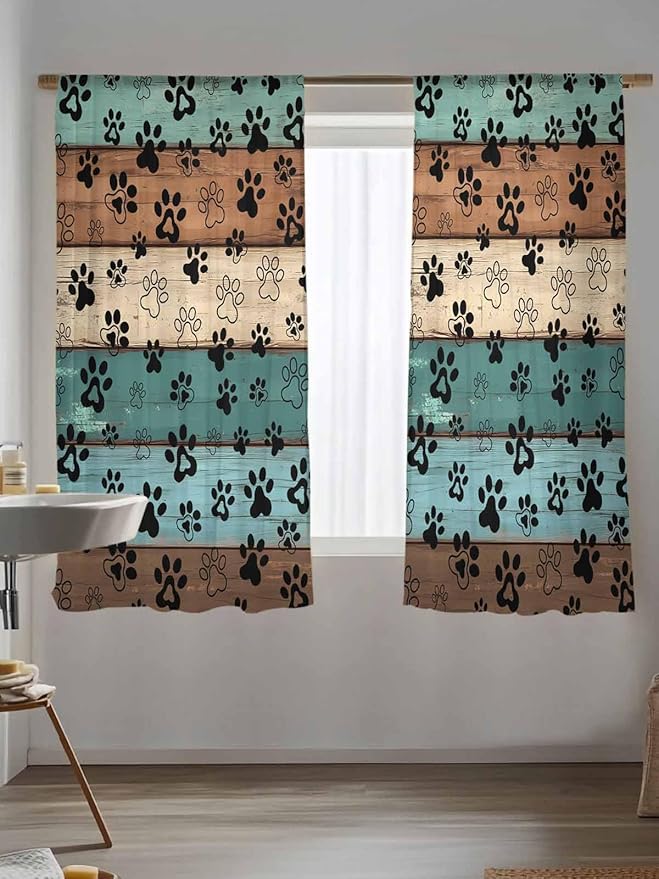 Sheer Curtains 72 Inches Long, Green Brown Paw Print Semi Sheer Curtains Light Filtering Window Treatment, Vintage Farmhouse Country Wooden Grain Privacy Voile Drapes for Living Room 52x72 Inch