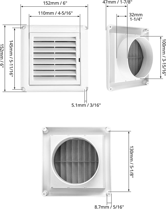 QWORK Air Vent ABS Louver Grille Cover, 2 Pack 4" Square Covers with Built-in Fly Screen Mesh for Bathroom Office Home