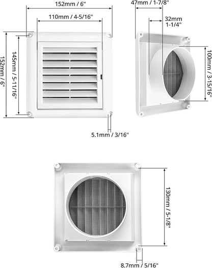 QWORK Air Vent ABS Louver Grille Cover, 2 Pack 4" Square Covers with Built-in Fly Screen Mesh for Bathroom Office Home