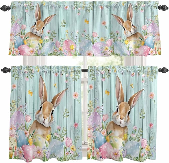 Kitchen Curtains Tiers and Valance Set of 3, Easter Light Filtering Window Curtain Set, Spring Rabbit Eggs Flowers Leaf Green Wooden Plank Rod Pocket Curtain Drapes for Living Room, 24 Inches Tiers