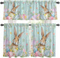 Kitchen Curtains Tiers and Valance Set of 3, Easter Light Filtering Window Curtain Set, Spring Rabbit Eggs Flowers Leaf Green Wooden Plank Rod Pocket Curtain Drapes for Living Room, 24 Inches Tiers