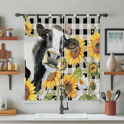 Retro Sunflowers Bathroom Curtains 63 Inch Length, Window Curtains Tab Top, Farmhouse Floral Cow Butterfly Black Plaid Light Filtering Window Treatments Drapes 52"x63" 2 Panel