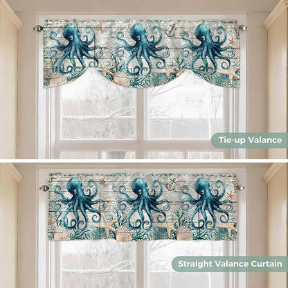 Sea Octopus Ocean Starfish Tie Up Valance Curtains,Nautical Anchor Vintage Wood Grain Kitchen Light Filtering Window Treatments with 3-inch Rod Pocket for Living Room,Bedroom,42x18In