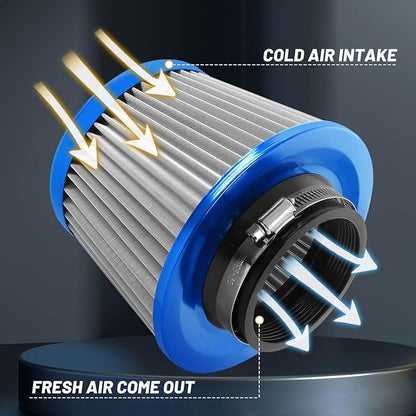 3" 76mm Universal High Flow Cold Air Intake Air Filter Upgraded Stainless Steel Cone Filter(Blue)