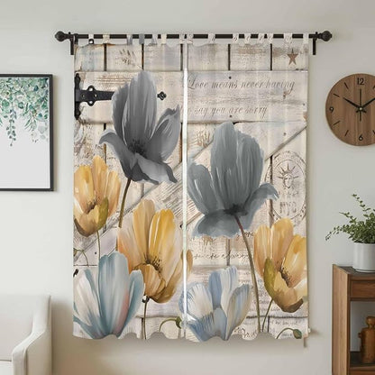 Spring Tulips Flower Living Room Curtains 84 Inch Length, Window Curtains Tab Top, Vintage Floral Barn Doors Rustic Beige Light Filtering Window Treatments Drapes 52"x84" 2 Panel
