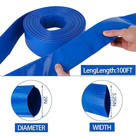 OCGIG 2" x 50 FT Pool Backwash Hose, Heavy-Duty Lay Flat Discharge PVC Hose, Weatherproof Burst Resistant for Swimming Pool Filter Pump, Water Transfer, Pool Drain, with 2 Clamps