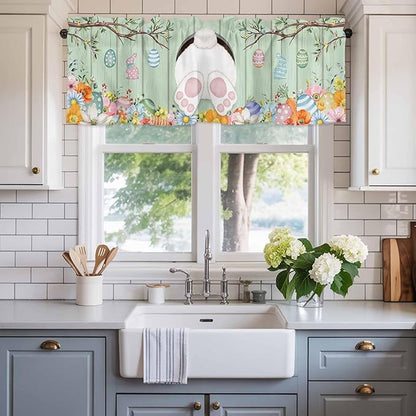 Easter Curtain Valances for Windows, Kitchen Valance Window Treatment, Spring Watercolor Bunny Eggs Wooden Grain Green Light Filtering Block Curtains for Bathroom/Bedroom/Living Room 54'' x 18''