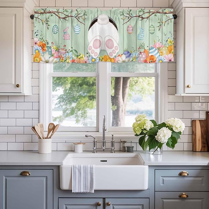 Easter Curtain Valances for Windows, Kitchen Valance Window Treatment, Spring Watercolor Bunny Eggs Wooden Grain Green Light Filtering Block Curtains for Bathroom/Bedroom/Living Room 60'' x 18''