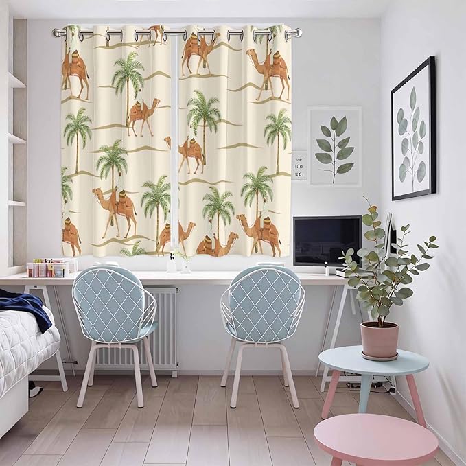 2 Panel Kitchen Cafe Curtains, Date Coconut Tree Sunlight Filtering Nature Air Through, Home Decor Window Covering Tier Curtains for Living Room 104W x 72L inch Desert Camels Botanical Tropical Beige