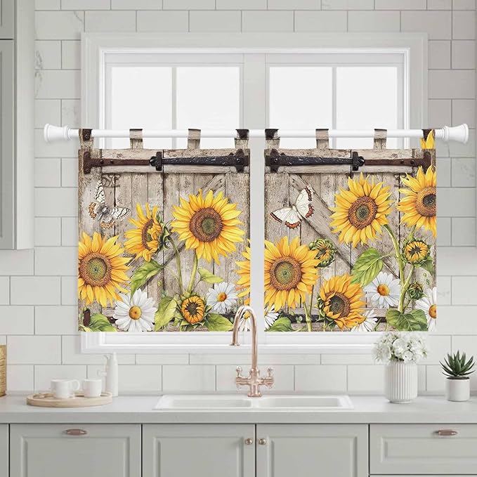 Farmhouse Sunflowers Kitchen Curtains 24 Inch Length, Small Window Curtains Tab Top, Rustic Barn Doors Flowers Butterfly Wooden Light Filtering Short Window Treatments Tier Drapes 27.5"x24" 2 Panel