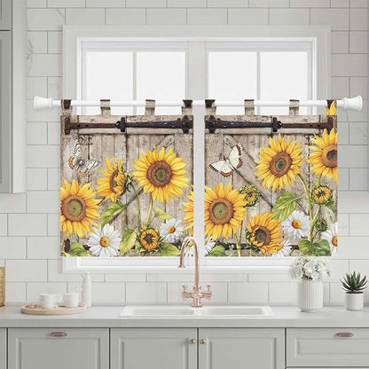Farmhouse Sunflowers Kitchen Curtains 24 Inch Length, Small Window Curtains Tab Top, Rustic Barn Doors Flowers Butterfly Wooden Light Filtering Short Window Treatments Tier Drapes 27.5"x24" 2 Panel