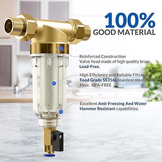 SimPure 40/200 Micron Spin Down Sediment Filter, Reusable Whole House Sediment Water Filter, Pre-Filtration System for City/Well water, 1" MNPT + 3/4" FNPT + 3/4"MNPT, BPA Free