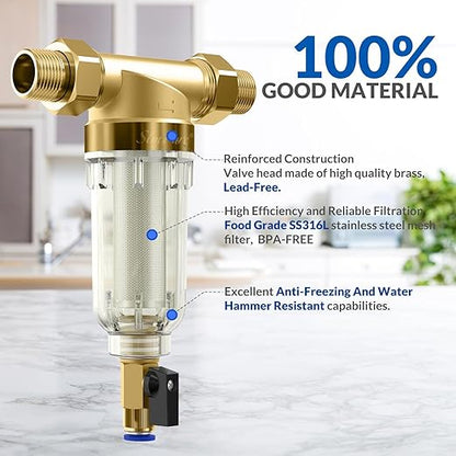 SimPure 40/200 Micron Spin Down Sediment Filter, Reusable Whole House Sediment Water Filter, Pre-Filtration System for City/Well water, 1" MNPT + 3/4" FNPT + 3/4"MNPT, BPA Free