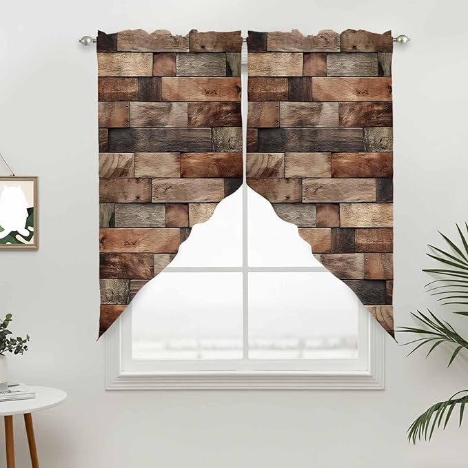 Western Barn Door Swag Valances for Windows, Vintage Farmhouses Wooden Door Brown Rod Pocket Kitchen Curtains Valance, Kitchen Window Curtains Swag for Cafe Bathroom Living Room, 2 Panels, 36x45 inch