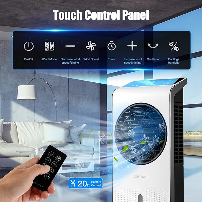 COSTWAY Portable Evaporative Air Cooler, 3-in-1 Swamp Cooler w/Remote Control, 360° Rotating Fan Blade, 3 Modes, 12H Timer, 2 Ice Packs, Air Cooling Fan with Fan & Humidifier for Room Home Office