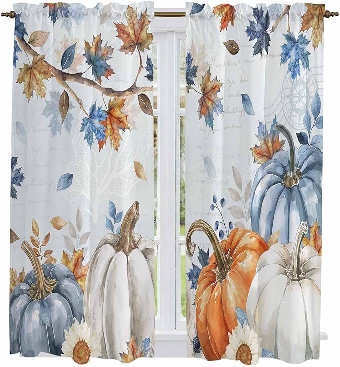 Fall Blue Maple Window Curtains 63 Inch Long 2 Panel Set, Rod Pocket Bedroom Curtains & Drapes, Thanksgiving Pumpkins Daisy Country Leaves Light Filtering Window Treatment for Living Room 42"W x 63"L