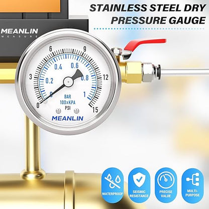 MEANLIN MEASURE 0~15Psi Dry Low Pressure Gauge Stainless Steel 1/8" NPT 2" FACE DIAL Waterproof for Water Oil Air Well Pump Tank Tire Pressure Test Back Mount, with 1/4" NPT and 3/8" NPT Hex Bushing