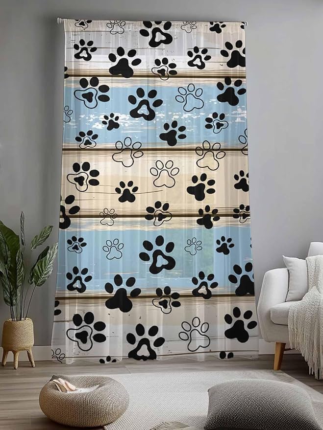 Sheer Curtains 96 Inches Long, Blue Beige Paw Print Semi Sheer Curtains Light Filtering Window Treatment, Vintage Farmhouse Rustic Wooden Grain Privacy Voile Drapes for Living Room Bedroom 52x96 Inch