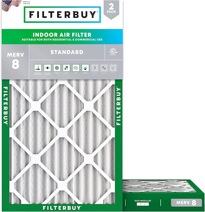 Filterbuy 10x20x2 Air Filter MERV 8 Essential Dust & Allergy Defense (2-Pack), Electrostatic Pleated HVAC AC Furnace Filters Replacement, Made in USA (Actual Size: 9.50 x 19.50 x 1.75)
